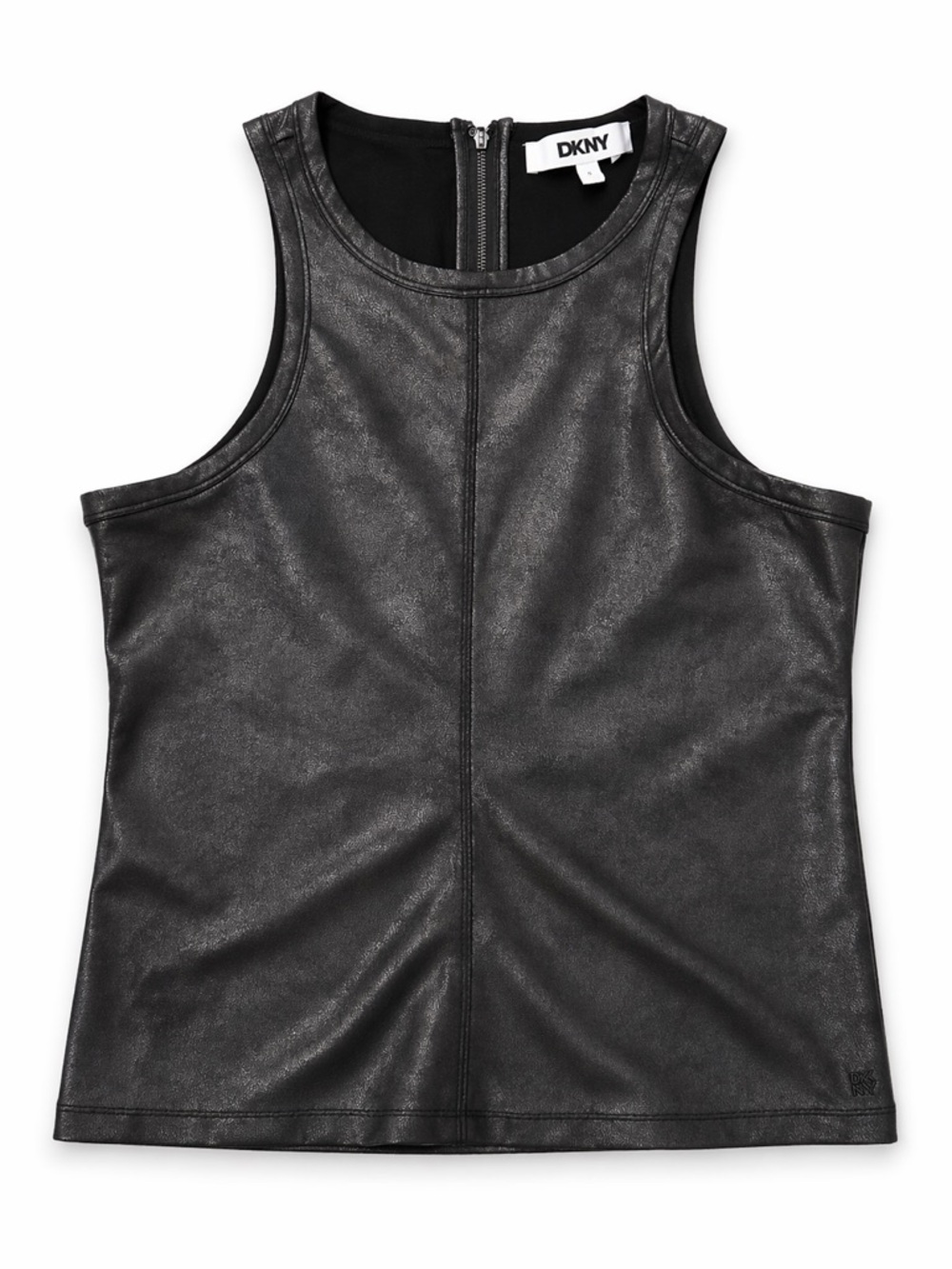 DKNY Faux Leather Shell Top Black Sleeveless Back Zip Tank Size S
